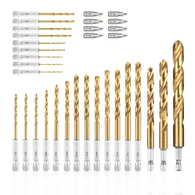 Amoolo 974157528875 Impact Drill Bit Set 33pcs Titanium Hss Twist Hex Shank