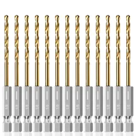 Branded 313114252266 13pc 1/8 Inch Titanium Coated Twist Hex Shank Drill Bit Set 135 Degree Tip Hss