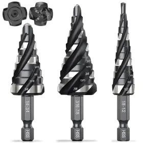 Branded 711181984873 Four Spiral Flute Step Drill Bit Set 3 Pcs Hss Bits 1/8 Inch -7/8 Unibit
