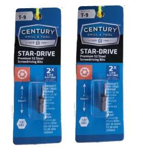 Century 68709 2 T-9 Star Drive Screwdriving Bit Premium S2 Steel 1/4 Inch Hex