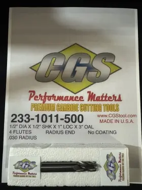 233-1011-500 Cgs Drill Bit 4 Flute 0.5000 Dia 0.03 Radius