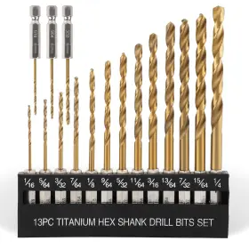 Comoware 657419854634 Titanium Twist Drill Bit Set - 16 Pcs Hex Shank High Speed Steel For Wood Pla