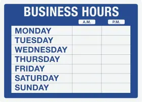 098023 Cosco Static Cling Sign Business Hours 10 Inch X 14 Blue And