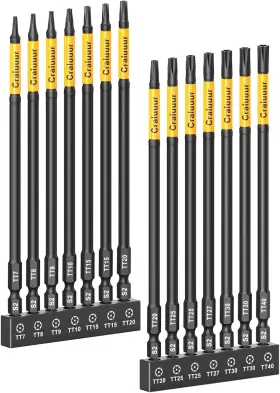 Craluuur 705353908804 14pcs Impact Long Torx Bit Set 6-inch T7 T40 Tamper Proof Star Bits Magn