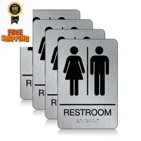 9x6-rsunisex-al-braille-4ct Dallahasee Ada Braille Unisex Bathroom Sign With Double Sided Pack Of 4 Silver