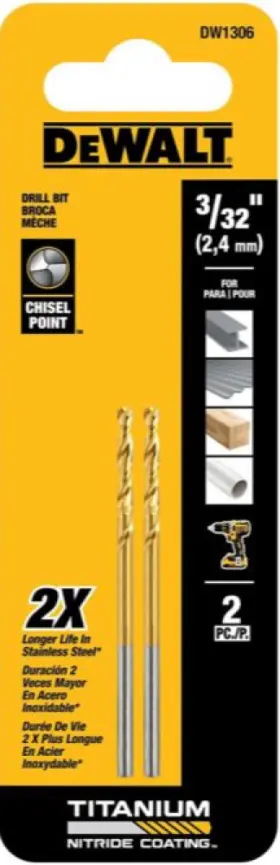 Dw1306 Dewalt G 3/32 Inch 135 Split Point Tip Titanium Drill Bit