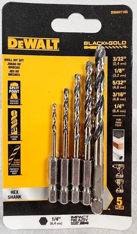 Dwah1105 Dewalt 5 Piece Drill Bit Set 3/32 Inch 1/8 5/32 3/16 And 1/4 New