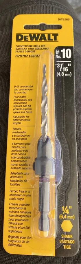 N490578 Dewalt #10 Countersink With 3/16 Inch Tapered Drill Bit Wood Composite Dw2569