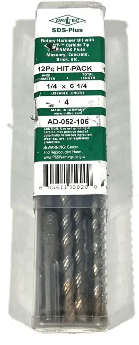 Ad-052-106 Driltec Rotary Hammer Bit With Bionic Carbide Tip Masonry 9-pc Hit-pk