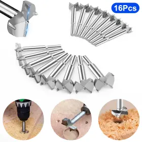 Eeekitonline 600609568590 16pcs Woodworking Hole Opener Set Hinge Boring Cutter Round Shank 15-35mm