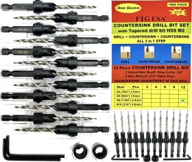 Ftg Usa 850003437958 Countersink Drill Bit Set For Wood With Tapered 12 Pc #8 11/64 Inch
