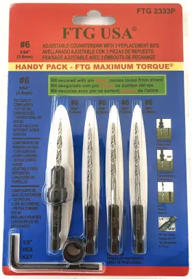 Ftg Usa 860336001979 Adjustable Wood Countersink Drill Bit #6 9/64 Inch With 3 Tapered Bits Fo