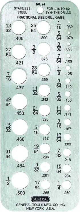 General Tools 038728220110 24 Fractional Drill Gauge Hobby For 1/16 Inch To 1/2