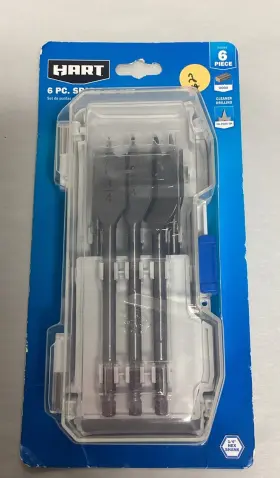 Hart 810022392126 6-piece Spade Bit Set 3/8 1/2 5/8 3/4 7/8 1 Inch Tri-point Tip 1/4 Hex Shank