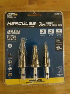 Ha22-62 Hercules 3 Piece Cobalt Step Drill Bits Spiral Flute Design 1/4 Inch Hex