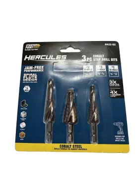 Ha22-66 Hercules 3 Piece Cobalt Step Drill Bits Spiral Flute Design 1/4 Inch Hex