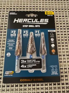 Ha24-66 Hercules 3 Piece Cobalt Step Drill Bits Spiral Flute Design 1/4 Inch Hex