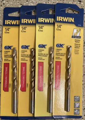 63916 Irwin Lot 4pk 6x Life 1/4 Inch Titanium Drill Bits Split Point Jobber Length