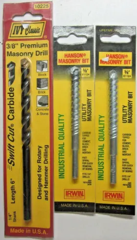 10220 Ivy Classic Swift Irwin Hanson Industrial Quality Usa Lot 3 Carbide Hammer 3/8 Inch Drill Bits Masonry 4 6