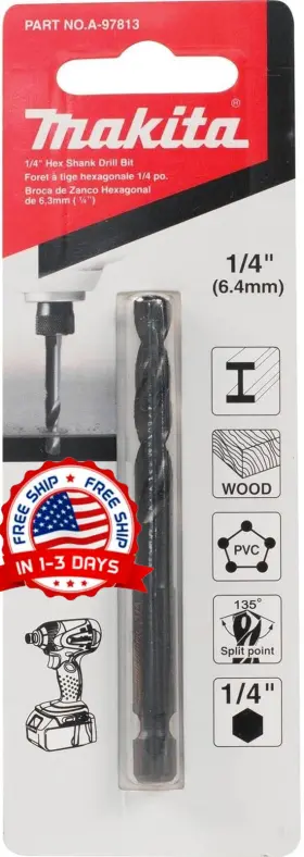 A-97813 Makita High-speed Black Oxide Drill Bit 1/4 Inch Hex Shank New