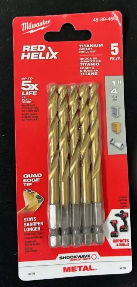 48894663 Milwaukee 045242572656 Red Helix 5 Pc Titanium Shockwave Bit Set Impact And Drill