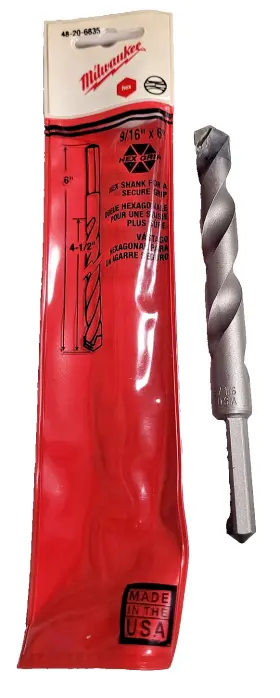 48-20-6835 Milwaukee Masonry 9/16 Inch Hammer Drill Bit 6 Oal Hex Shank