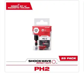 48-32-4609 Milwaukee Shockwave 25 Impact-duty 1 Inch Ph2 Steel Insert Bits With Holder