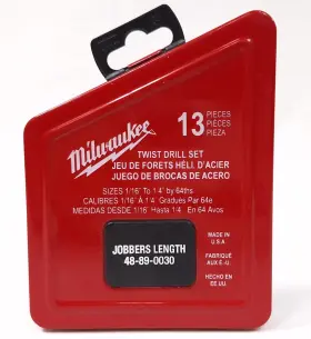 48-89-0030 Milwaukee 13pc Jobbers Length Twist Drill Bit Set 1/16 Inch -1/4 By 64ths