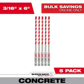 Milwaukee 705353767449 3/16 Inch Shockwave Carbide Hammer Drill Bits 5-pack