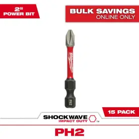 Milwaukee 726084238435 Shockwave Impact Duty 2 Inch Phillips #2 Alloy Steel Screw Driver Drill Bit 15-p