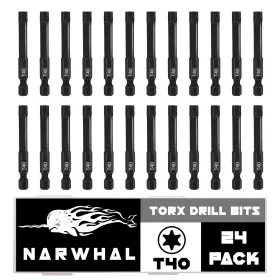 Narwhal 810147653065 T40 Torx Bits 24 Pack - 2 Inch Impact Grade 6 Point Star Bit With Hex