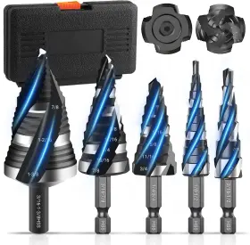 Newmkr 1/8--1-3/8 5pcs 5 Pcs Hss Spiral Step Drill Bit Set Four-flute Unibit 1/8-1-3/8 With 1/4 And 3/