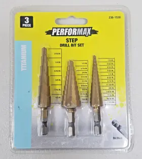 236-1530 Performax 3 Piece Step Drill Bit Set3/16 Inch To 1/2 With 1/4 Hex Shank New Sealed