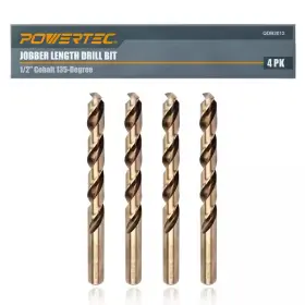 Powertec 313048181199 1/2 Inch Cobalt Drill Bits M35 Steel Jobber Length Twist With 135 Tip- 4-pack