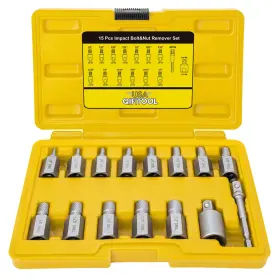 Qifitool 768383988116 15 Pcs Screw Extractor Set With 3/8 Inch Drive Hex Head Multi-spline Easy O