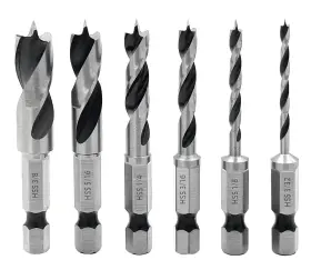 Gmd0443 Saipe 6pcs 1/4 Inch Quick Change Hex Shank Wood Brad Point Stubby Short Drill Bit Set H