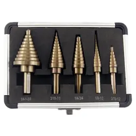 1801112 Segomo Tools 5 Piece Sae Multiple Hole 50 Sizes Hss Step Drill Bit Set