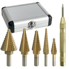 Socpuro 726084659681 6pcs Titanium Step Drill Bit Set W Automatic Center Punch High Speed Steels Case