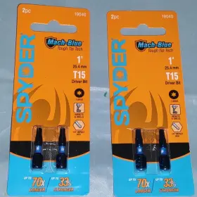 19040 Spyder Lot Of 2 Mach-blue 1/4 Impact Hex 1 Inch T15 T-drive Driver Bit