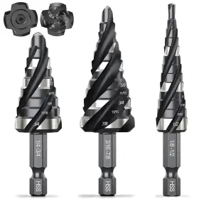 W6173 Thinkwork Four Spiral Flute Step Drill Bit Set 3 Pcs Hss Bits 1/8 Inch
