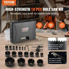 Vevor 840349947150 18pcs Bi-metal Hole Saw Kit M42 With Drill Bits And Case For Wood Plastic Metal
