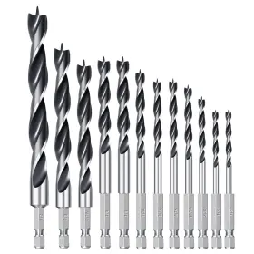 Wildbossy 313105933921 Brad Point Drill Bit Set 12pcs 1/8 Inch - 1/2 Hex Double Flutes