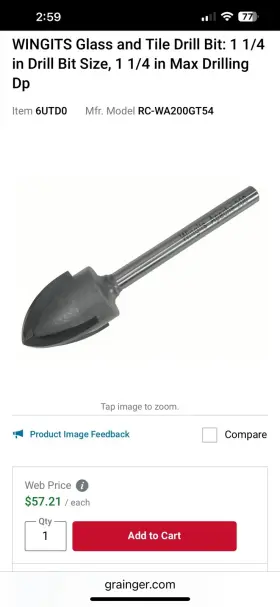 Rc-wa200gt54 Wingits Glass And Tile Drill Bit 1-1/4 Size