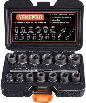 T38215 Yekepro 15 Pcs Bolt Extractor Set 3/8 Inch Drive Impact And Nut Remover Socket Tool Kit