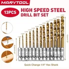 Marvtool Drill Bit 13PCS Hss Titanium Coated Twist Set Hex Shank 1/4" New. Price: $6.56.