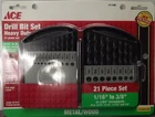 Ace 2111086 21PC Heavy Duty Drill Bit Set 1/16 To 3/8 New. Price: $15.00.