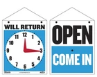 2 Pack Bazic Open Come In - Will Return Clock Sign, Double Sided Plastic 7.5"X9" New. Price: $11.00.