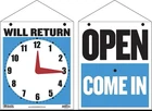 Bazic Open Sign 7.5"X9", Clock Will Return Be Back, Double Sides Plastic Vi New. Price: $6.99.