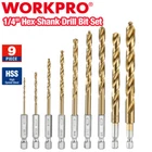 Workpro 9PCS 1/4" Hex Shank Drill Set Spiral Titanium Plating Hss New. Price: $14.99.