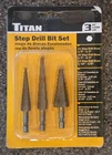 Brand New Titan Step Drill Bit Set, Pc 1/8"-1/2", 1/4"-3/4", 3/16"-1/2" #16503. Price: $14.95.